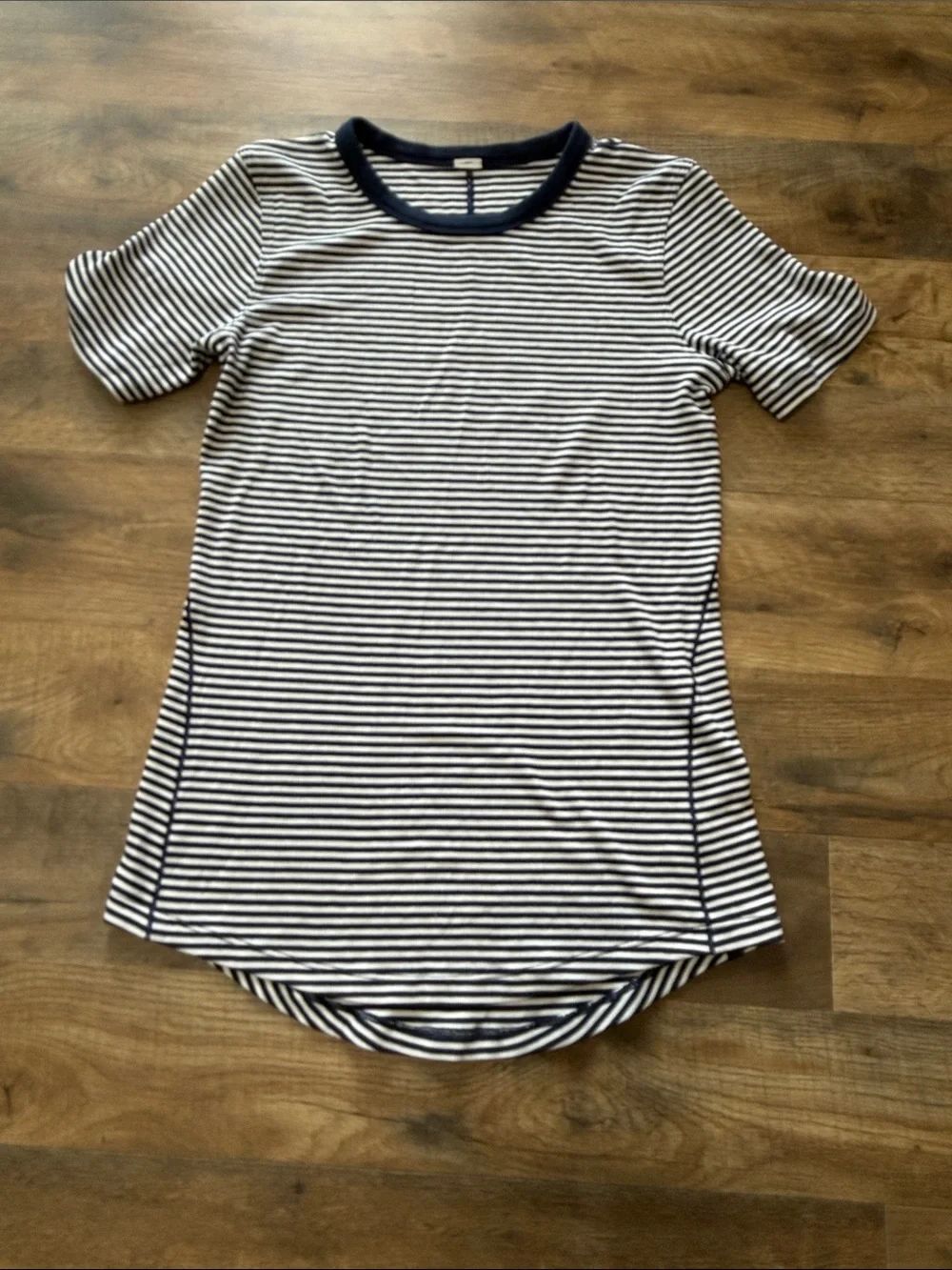 lululemon Hold Tight striped shirt features a crew neck and a curved hem